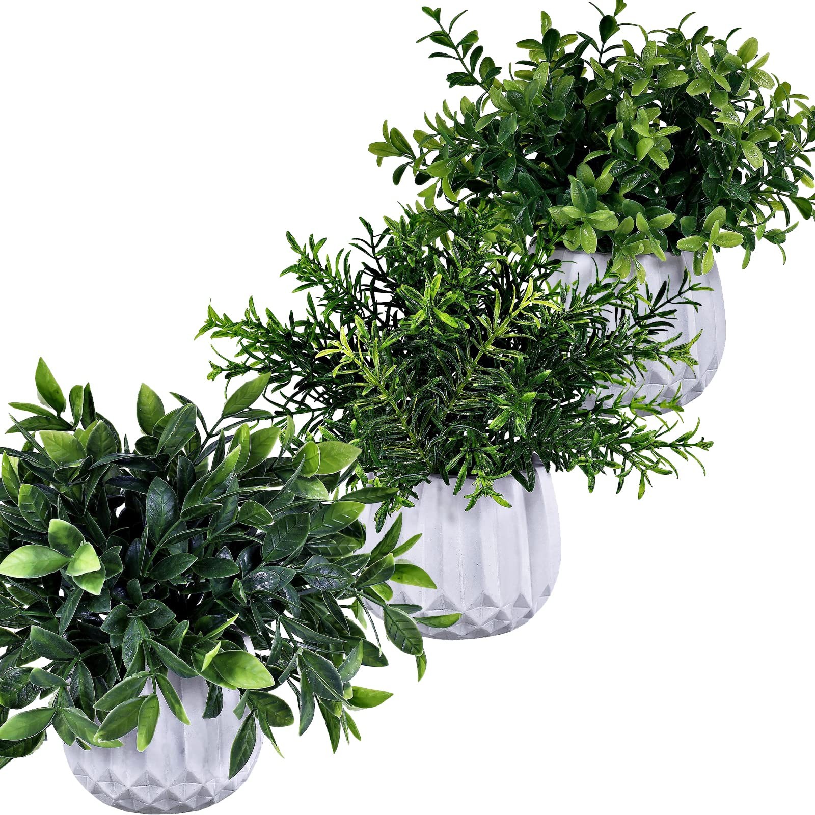 3 Pcs Faux Potted Plants Set – Artificial Eucalyptus, Rosemary, Boxwood Green…