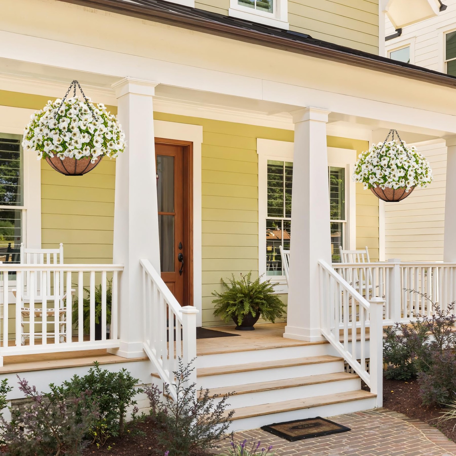 Artificial Hanging Flowers with Baskets for Outdoors, Fake Silk Pansy Flowers…