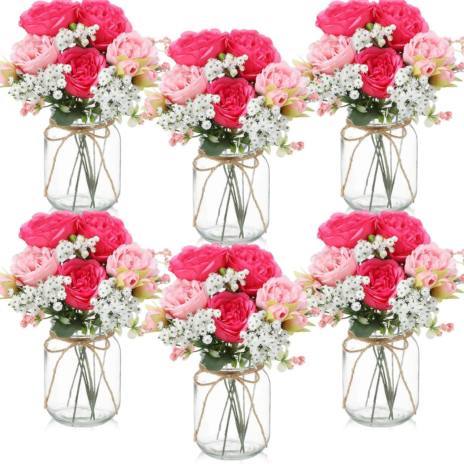 12 Sets Mason Jar Centerpiece Table Decorations Artificial Peony Baby’s Breath
