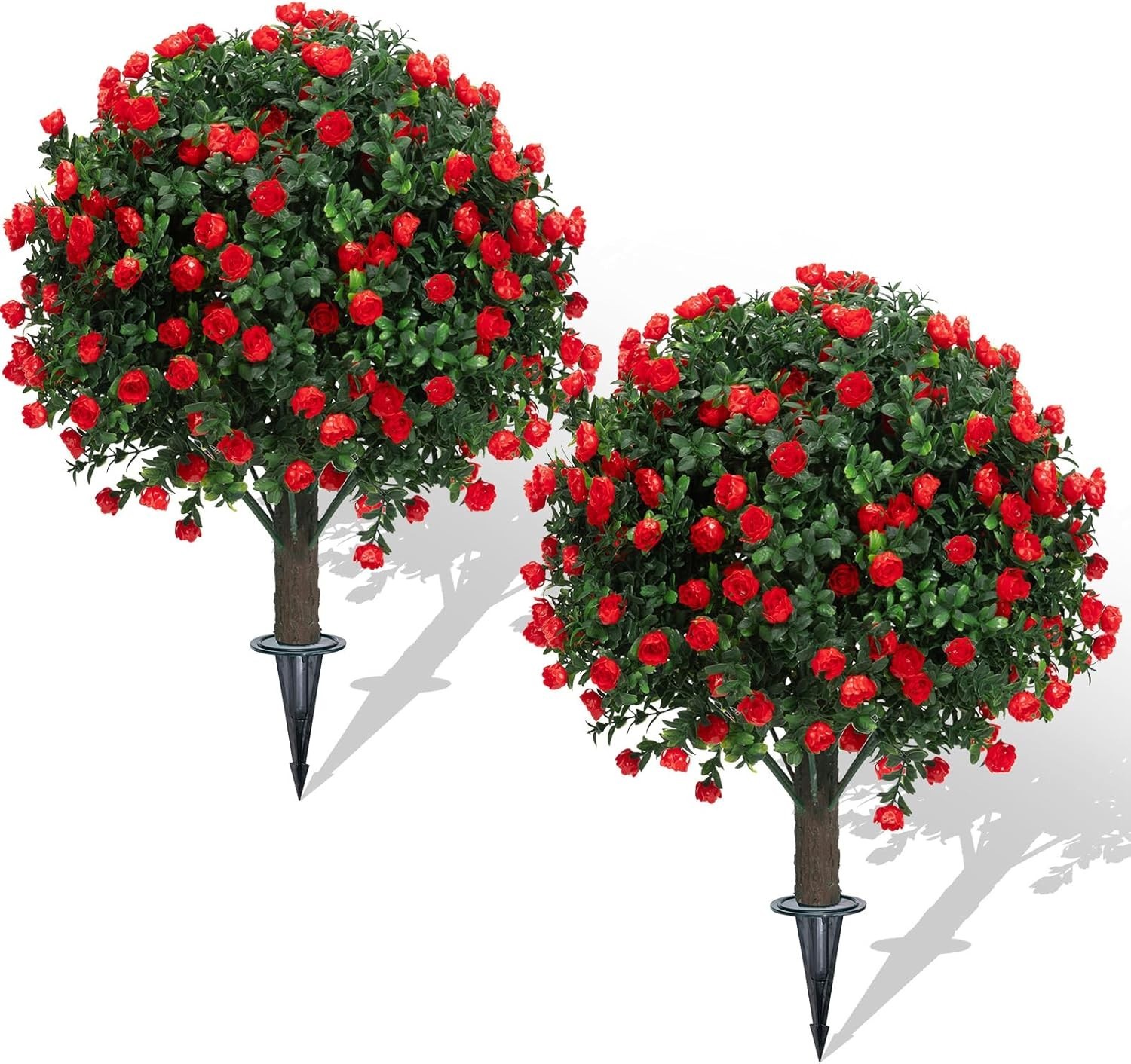 Set of 2 Artificial Boxwood Topiary Ball Trees with Red Flowers for Outdoor w…