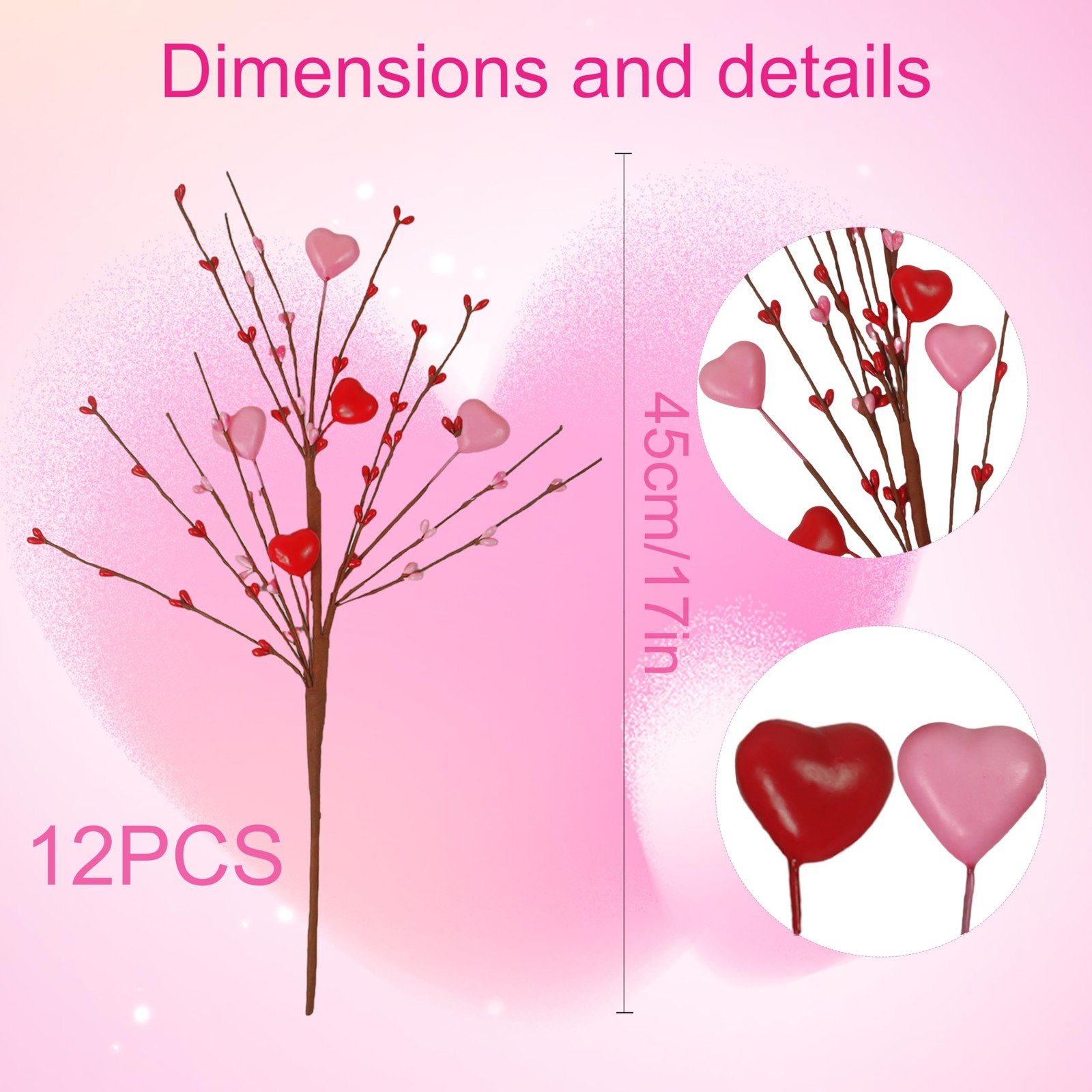 12 PCS Artificial Pink Heart Shaped Berry Branches Valentine Picks 17.7 Inch