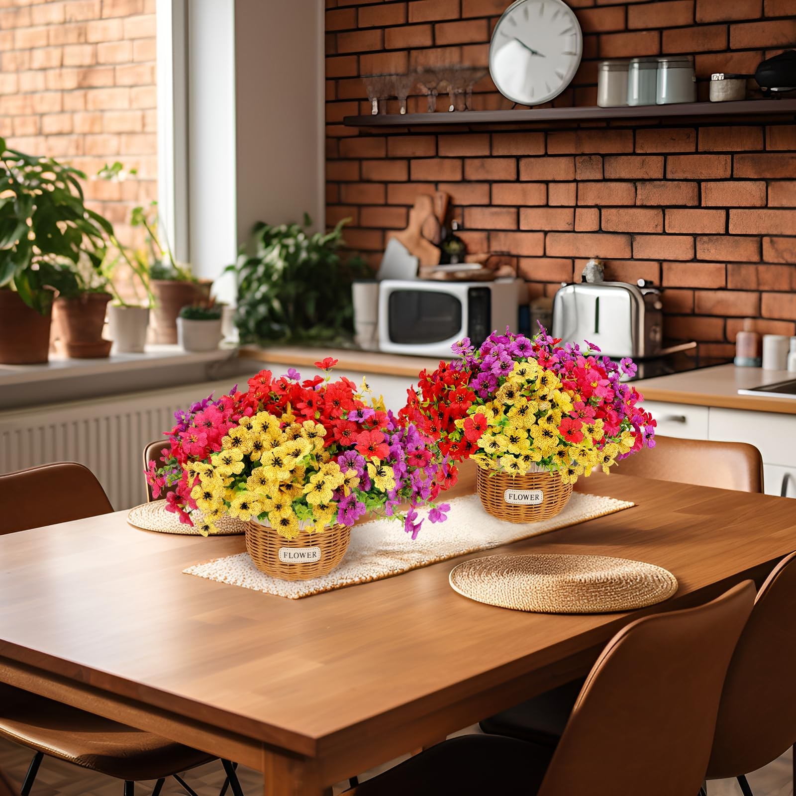 2-Pack Artificial Potted Mums with Rattan Baskets for Table Decor