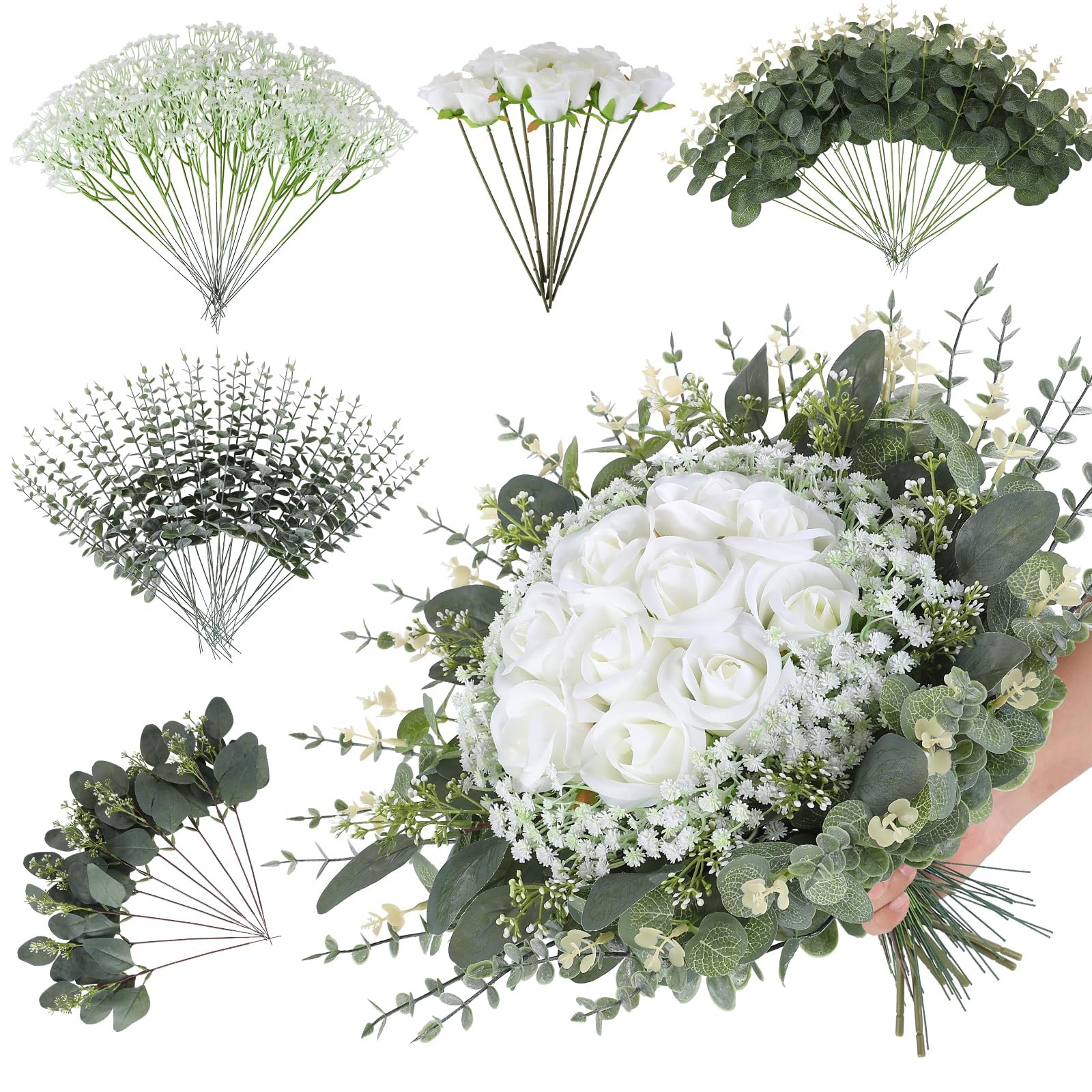 120 Pcs 5 Kinds Mixed Artificial Eucalyptus Stems, Rose Baby’s Breath Fake Fl…