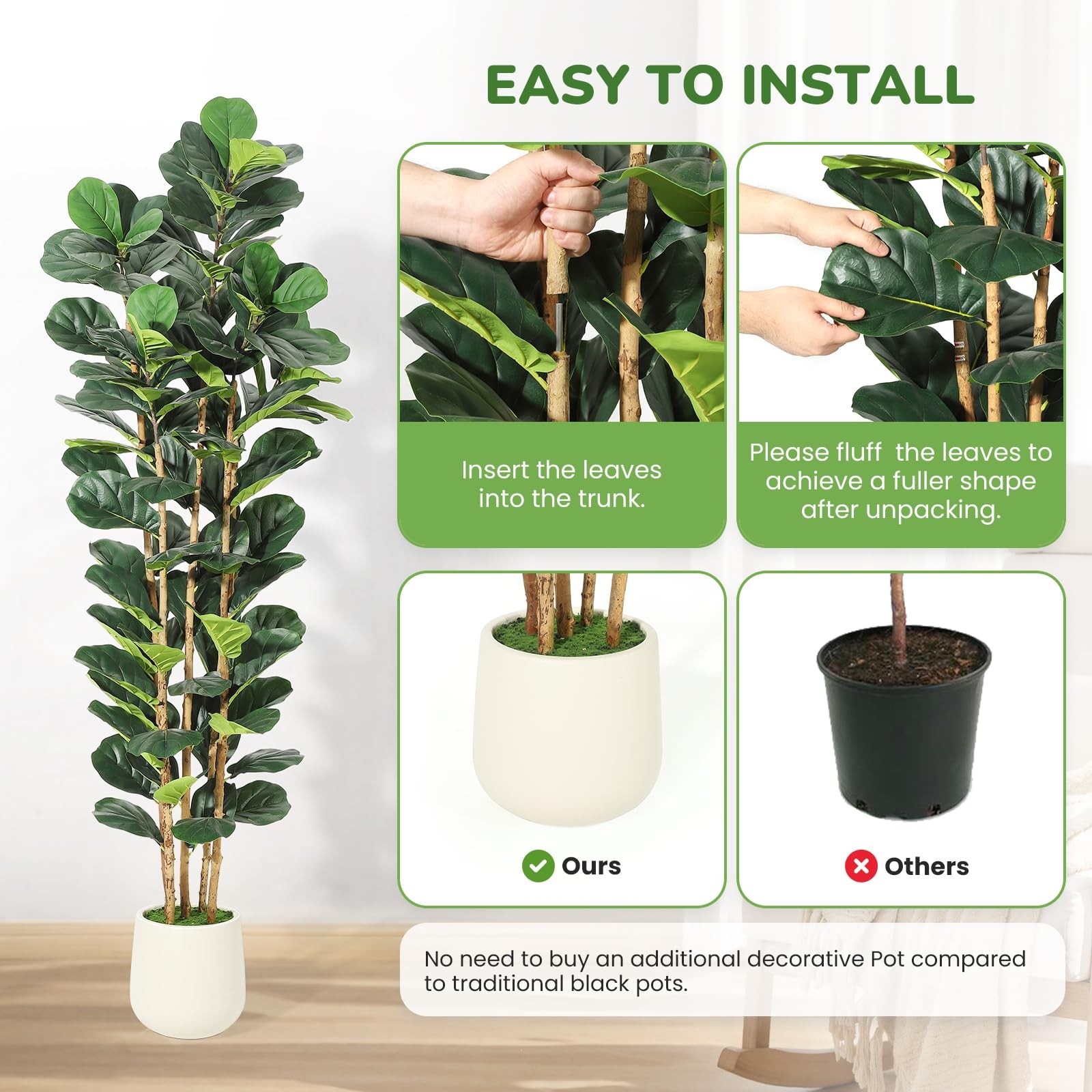 7 ft Faux Fiddle Leaf Fig Tree with White Pot, Faux Trees with Artificial Pla…