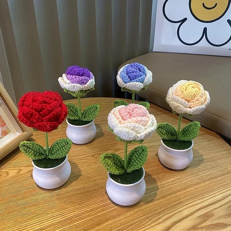 Hand Knitted Sunflower Crochet Potted Flower Artificial Gift Home Decor