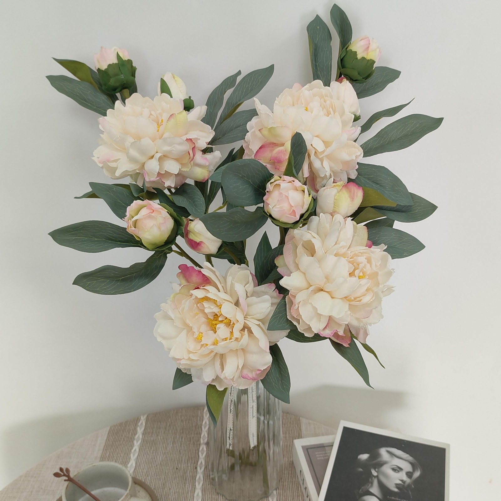 Ivory White Peonies Artificial Flowers,4 Pcs Fake Silk Peonies with Stems Rea…