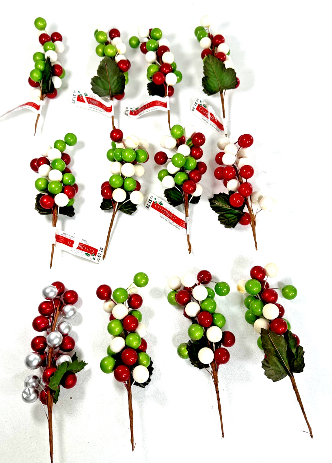 New 12 Berry Picks Stems Floral Christmas Crafts Artificial Red White Green 7″