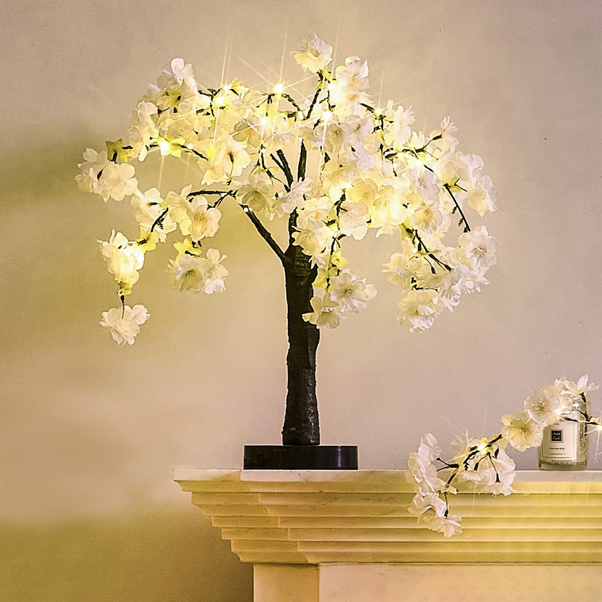 White Cherry Blossom Tree 18 Inch 40 LED Japanese Room Decor Battery USB