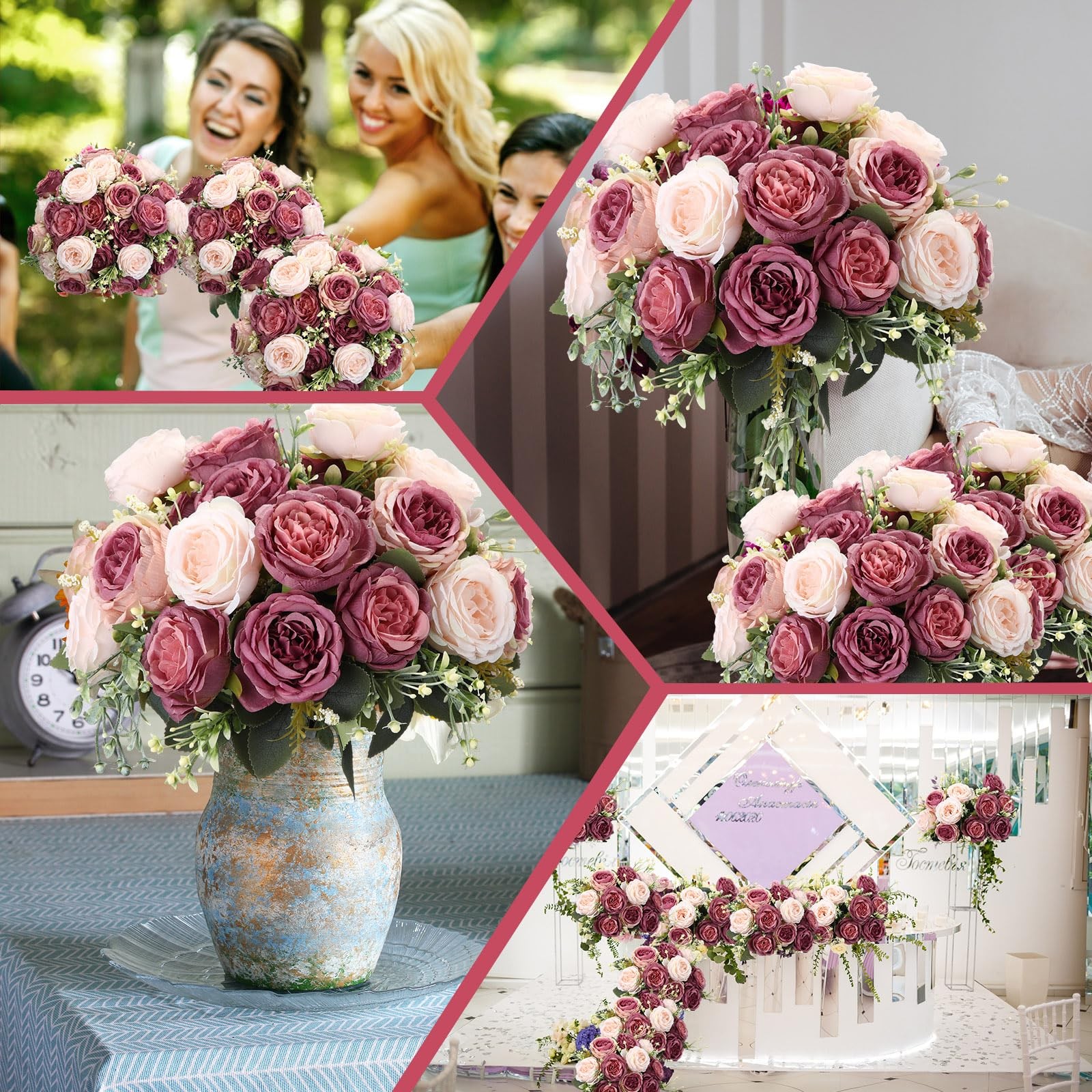 8 PCS Dusty Pink Rose Artificial Peonies Silk Flowers Bouquet Wedding Decor