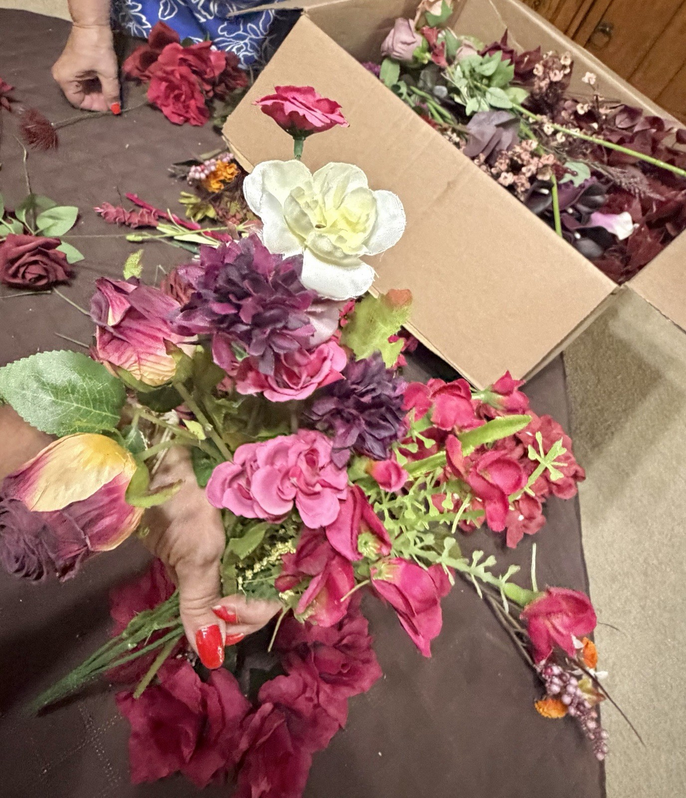 Large Lot / Box of Miscellaneous Artificial Silk Flowers – Burgundy Shades