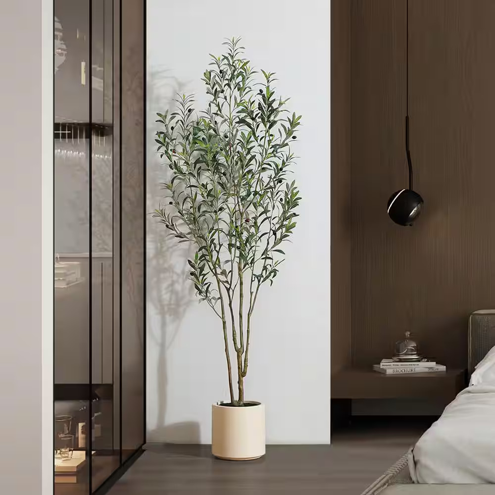 7 Ft. Artificial Olive Tree with White Planter, Large Faux Olive Silk Tree for I