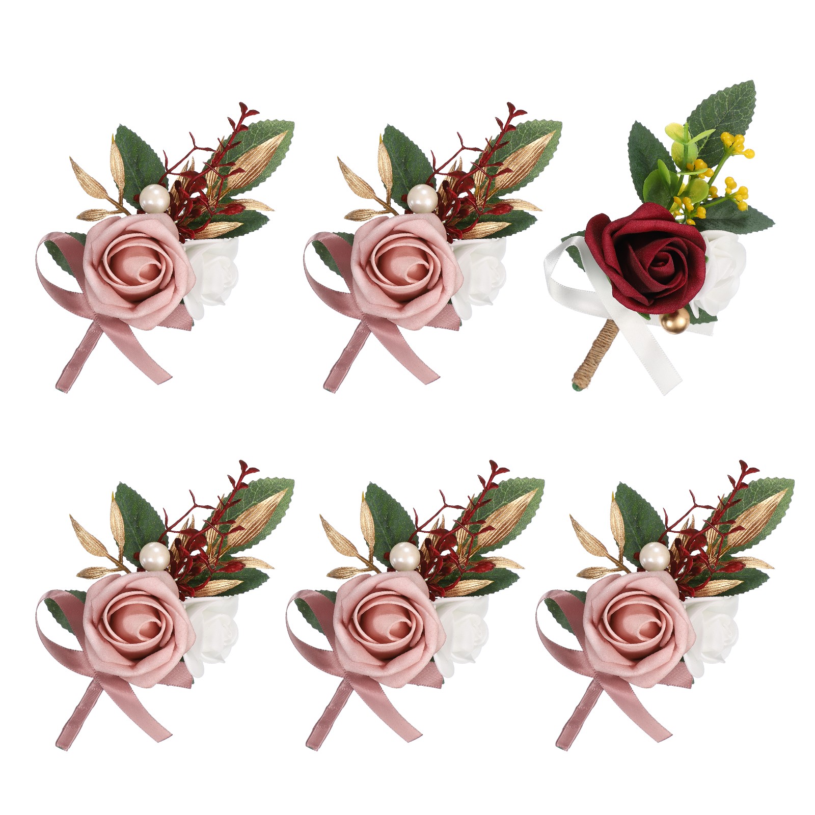Mens Boutonnieres for Weddings, 6 Pcs Rose Boutonnieres, Burgundy/Gray Pink