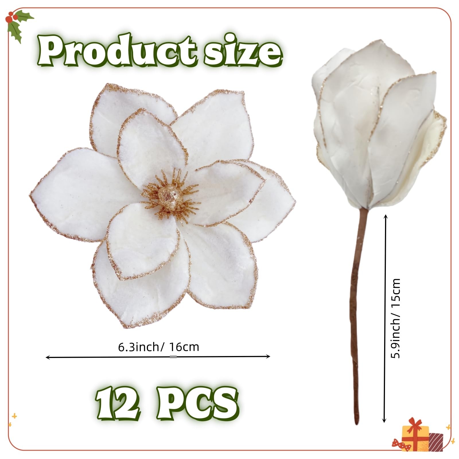 12 PCS 6.3 Inch White Christmas Velvet Poinsettia Magnolia Flower Ornaments