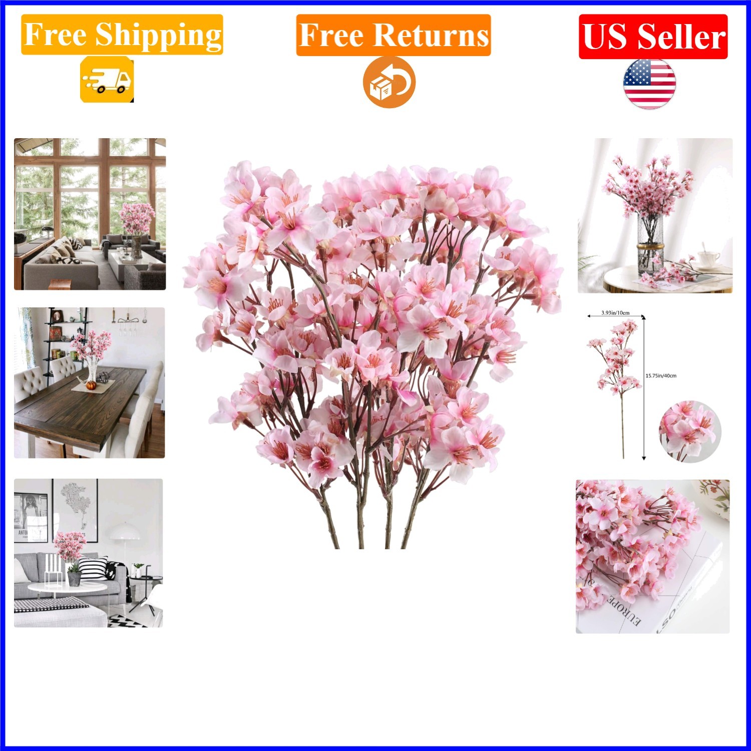 4Pcs Pink Artificial Cherry Blossom Branches, 15.7in Faux Spring Flowers for …