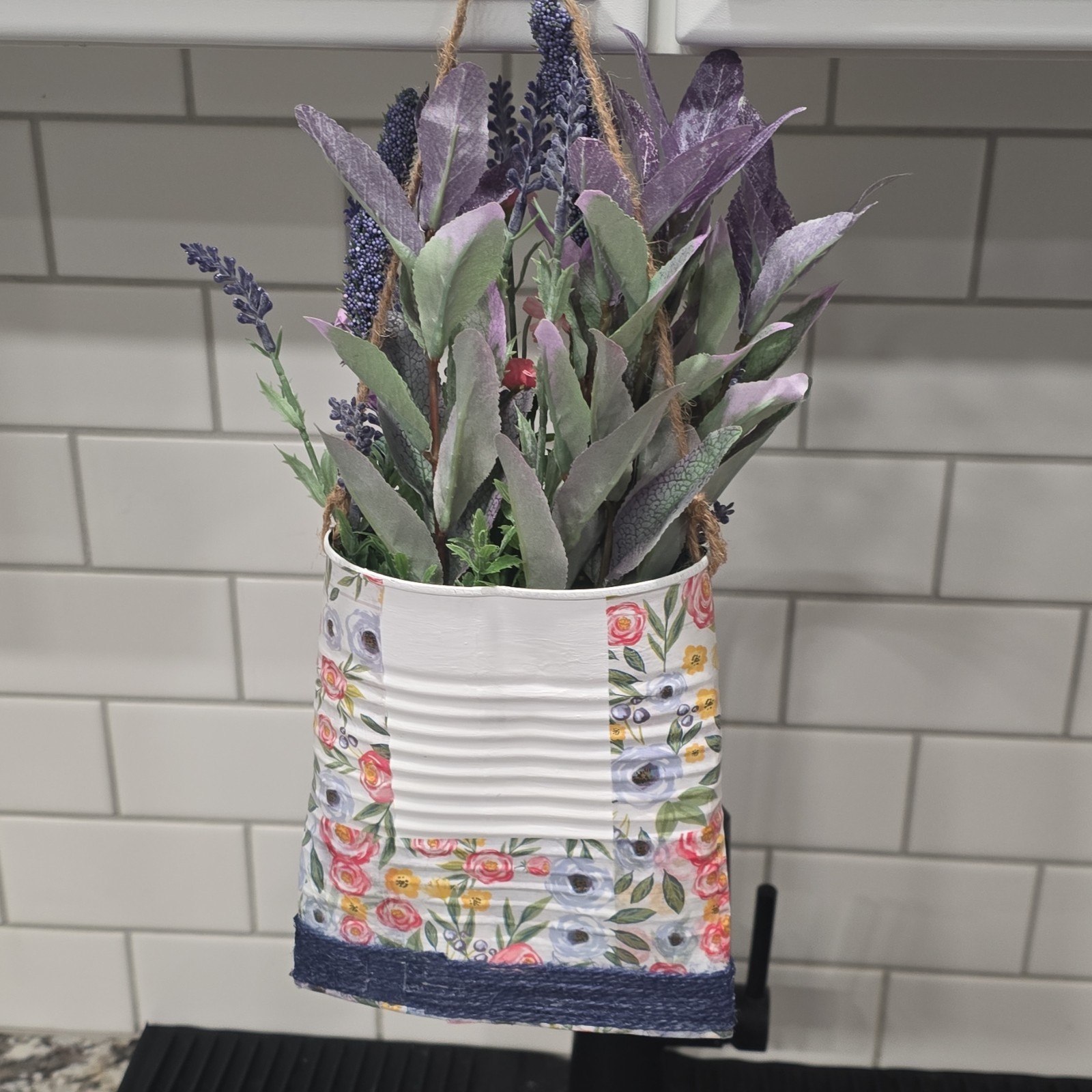 Handmade Artificial Lavender Hanging Basket Arrangement Purple Pink Wall Decor