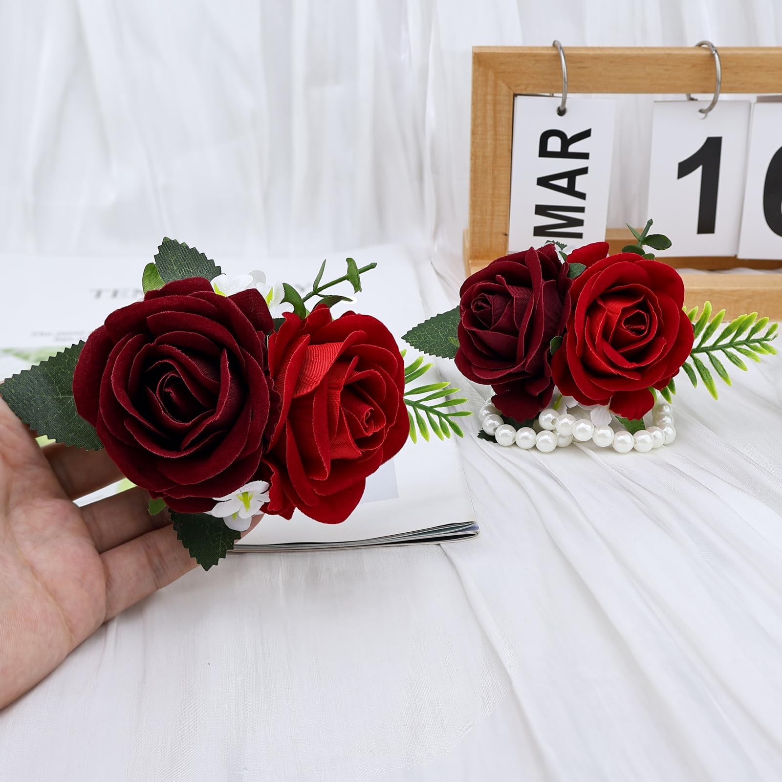 2 Pcs Burgundy And Red Rose Wrist Corsage Wristlet Boutonniere Set Wedding