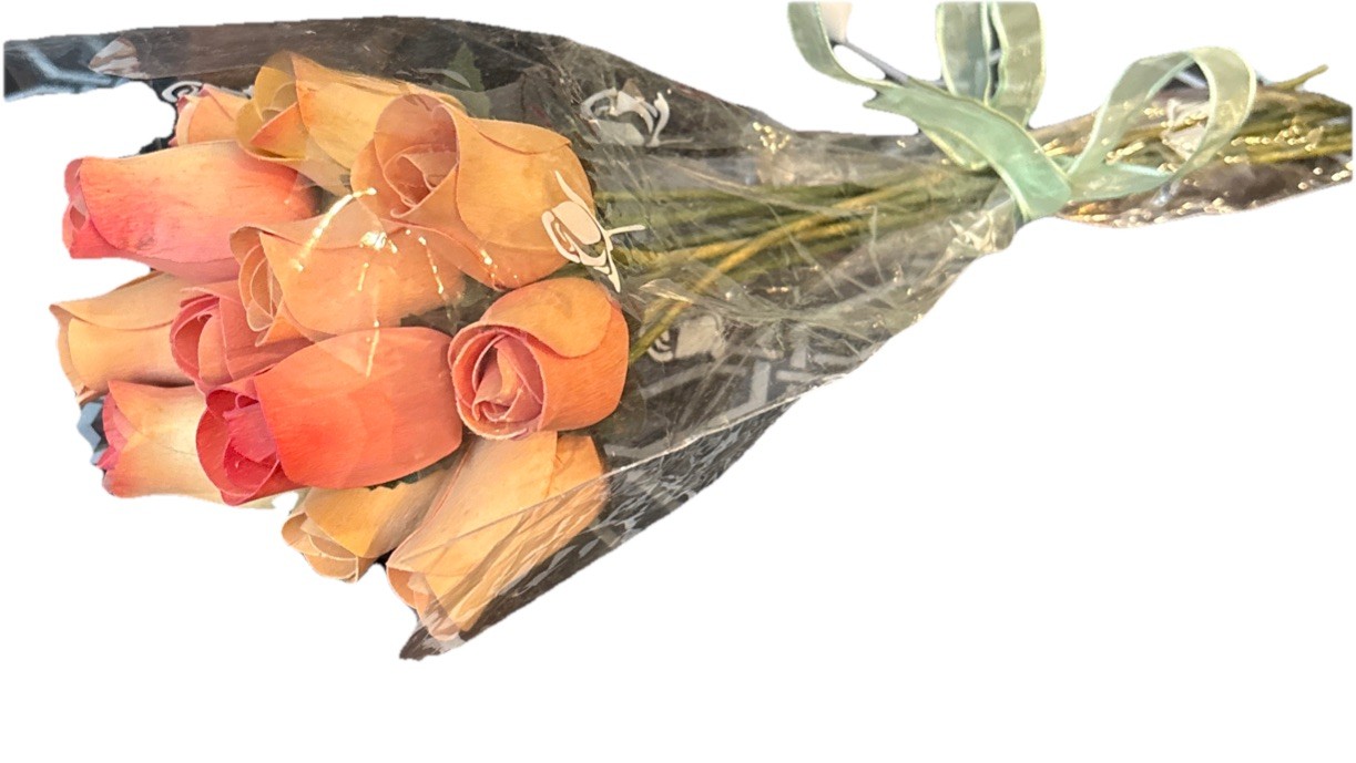 coral bouquet of 12 Closed Bud Wooden Roses