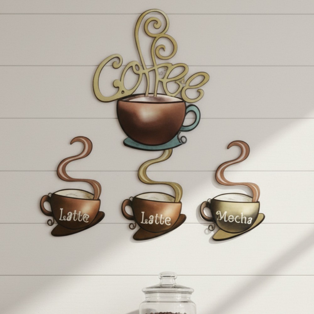 4Pc Reusable Retro Coffee Mug Wall Art Peel & Stick Metal Decor Set