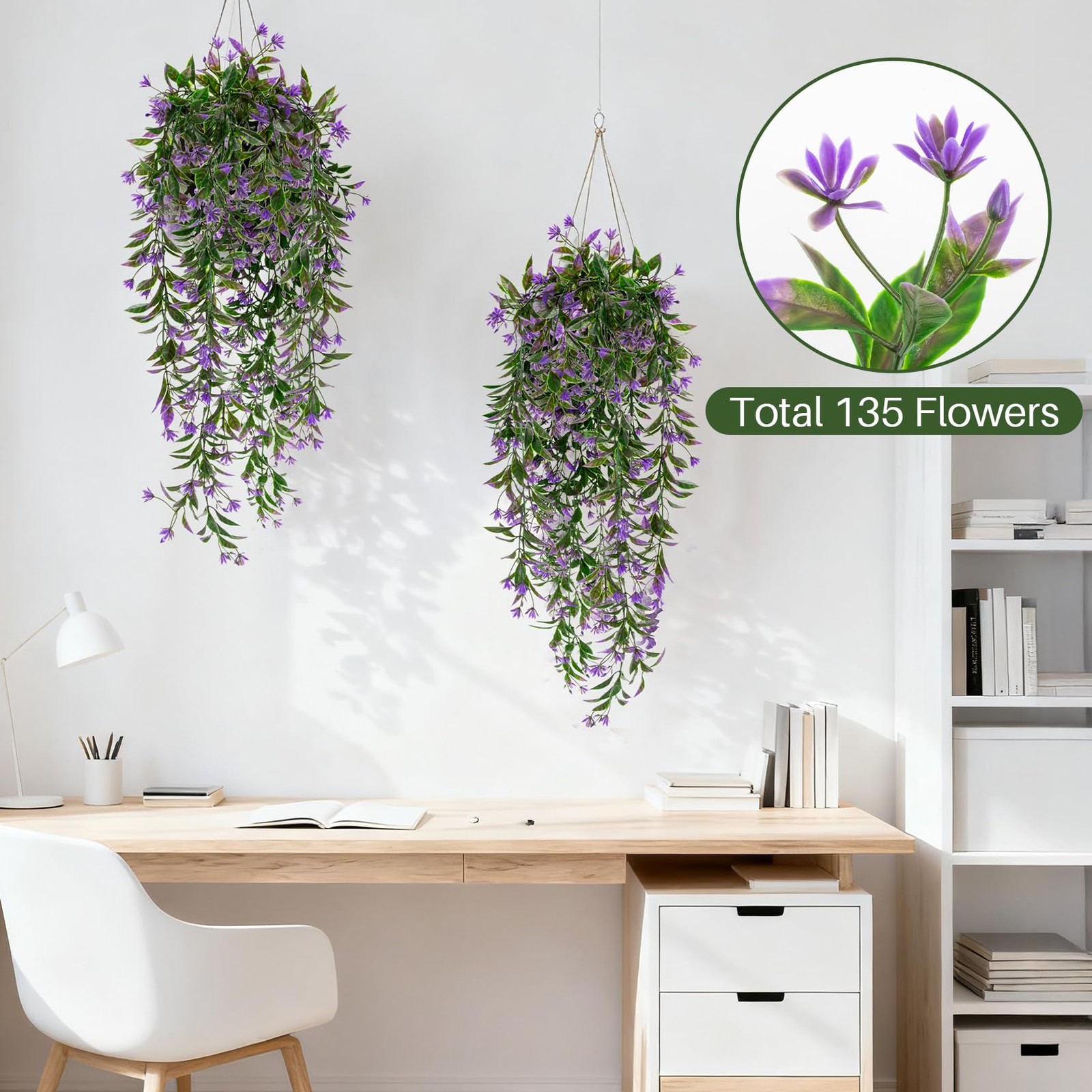 3PCS Artificial Hanging Flowers UV Resistant Ivy Vines 135 Purple Outdoors