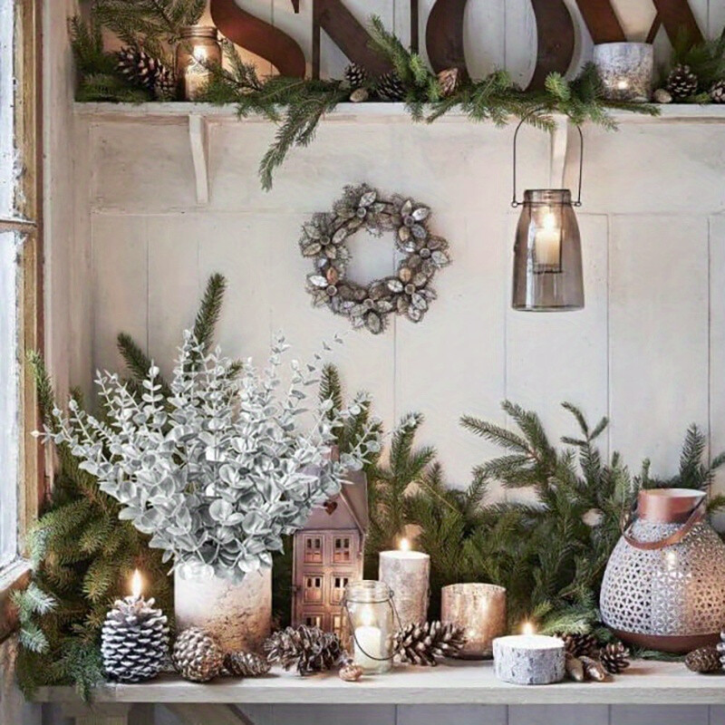 8Pcs Eucalyptus Stems Artificial Leaves Branches Winter Christmas Bouquet Decor