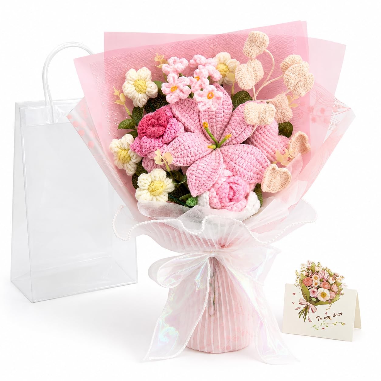 Crochet Flowers,12 Pcs Crochet Flower Bouquet, Pink Handmade Knitted Flowers,…