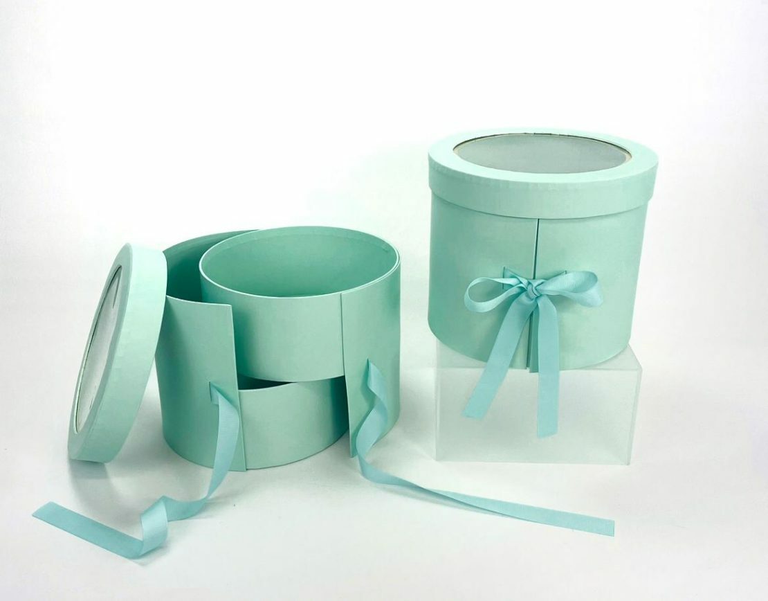 Premium Quality Round Shape Flower Box Floral Gift 2 Tier, with Lid, Teal