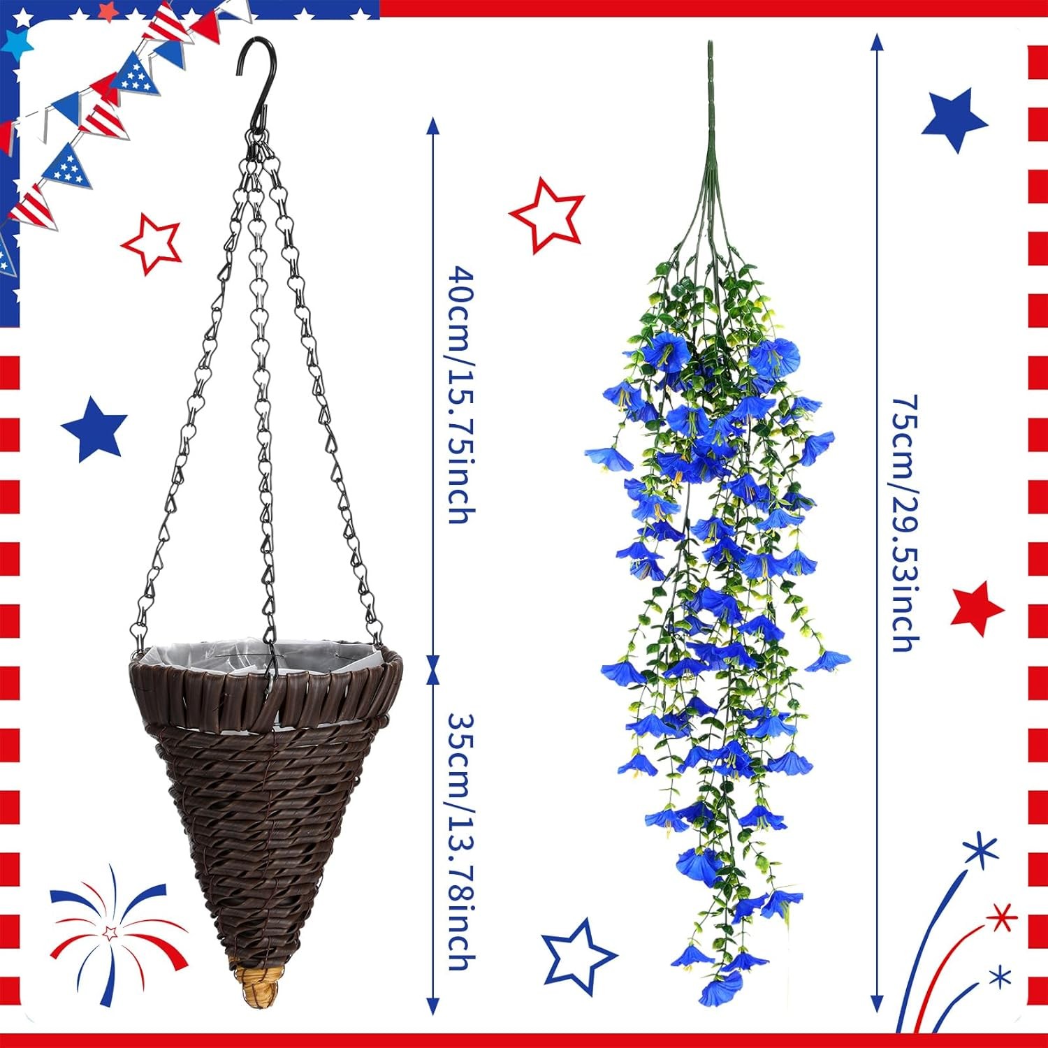 12 Pcs Red White Blue Artificial Hanging Flowers Outdoor with 2 Baskets 250th