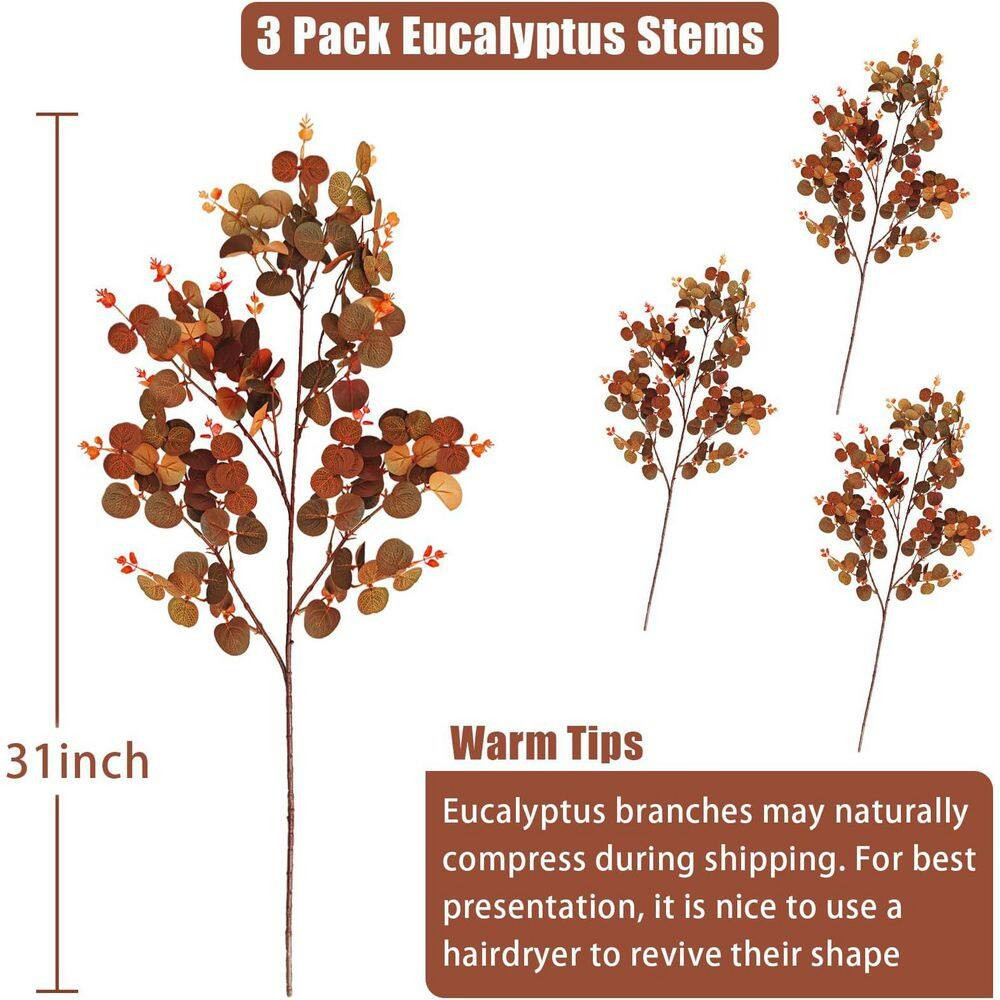 15 In. Fall Series 31 In. Orange Brown Artificial Eucalyptus Leaf Branch Stem fo