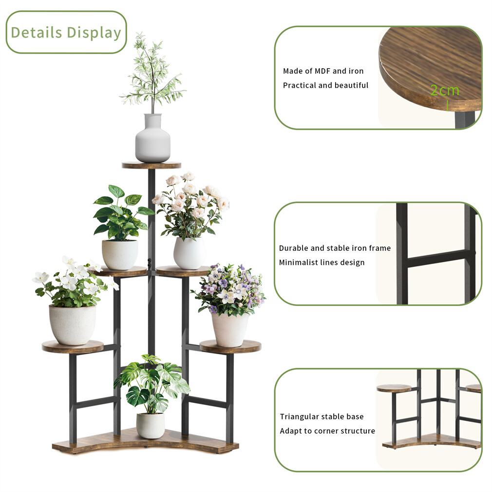 Rustic Metal Wood Corner Plant Shelf 6 Tiered Flower Stand Balcony Rustic Brown