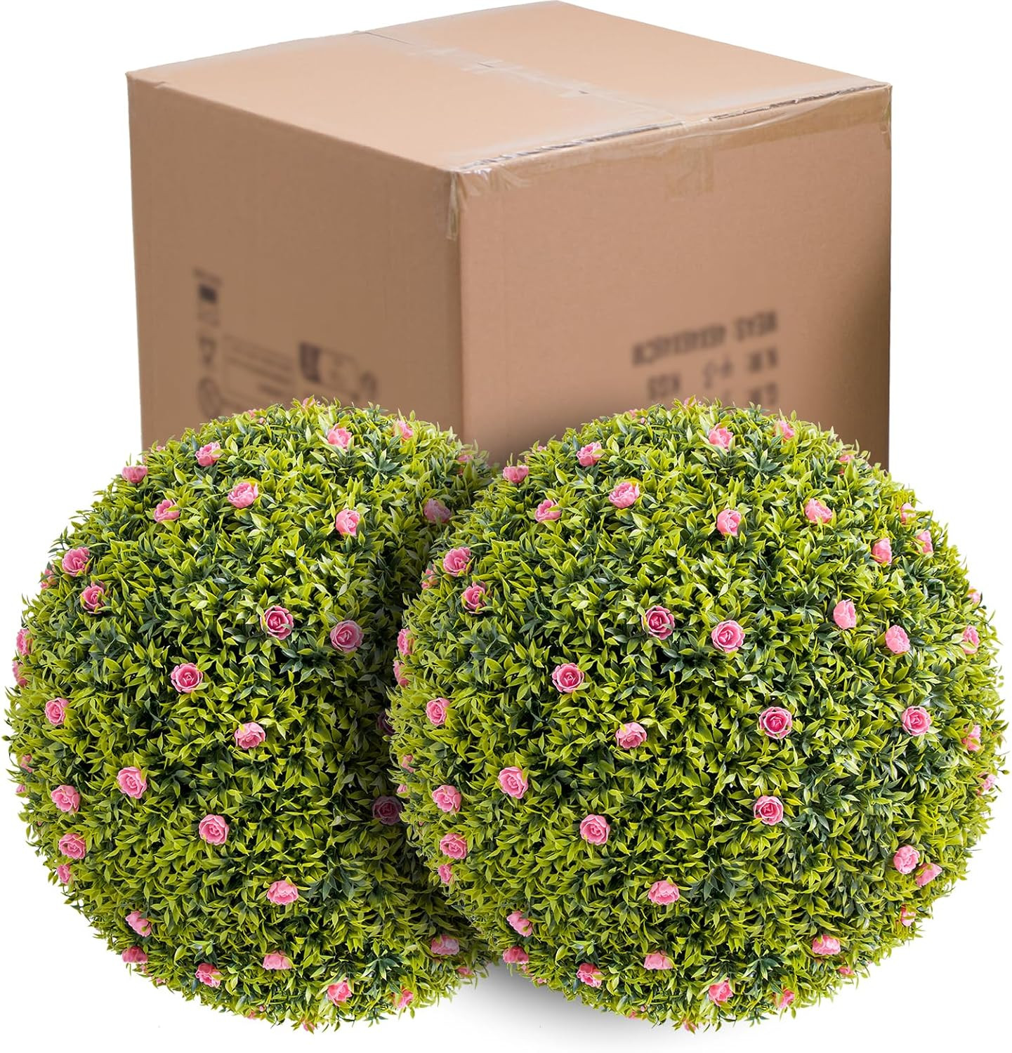 22.4″ Faux Boxwood Topiary Balls with Pink Flowers – 2 Pack for Home & Garden