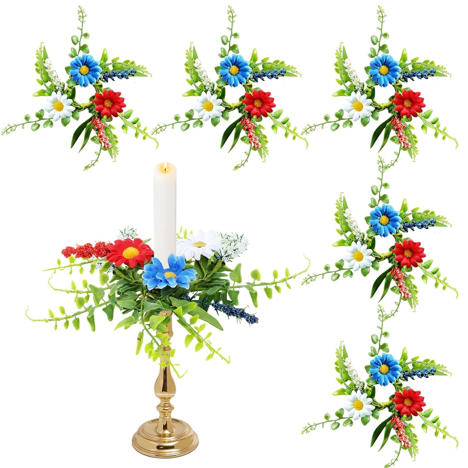 6 PCS Patriotic American Taper Candle Rings Wreaths 4th of July Mini Decor