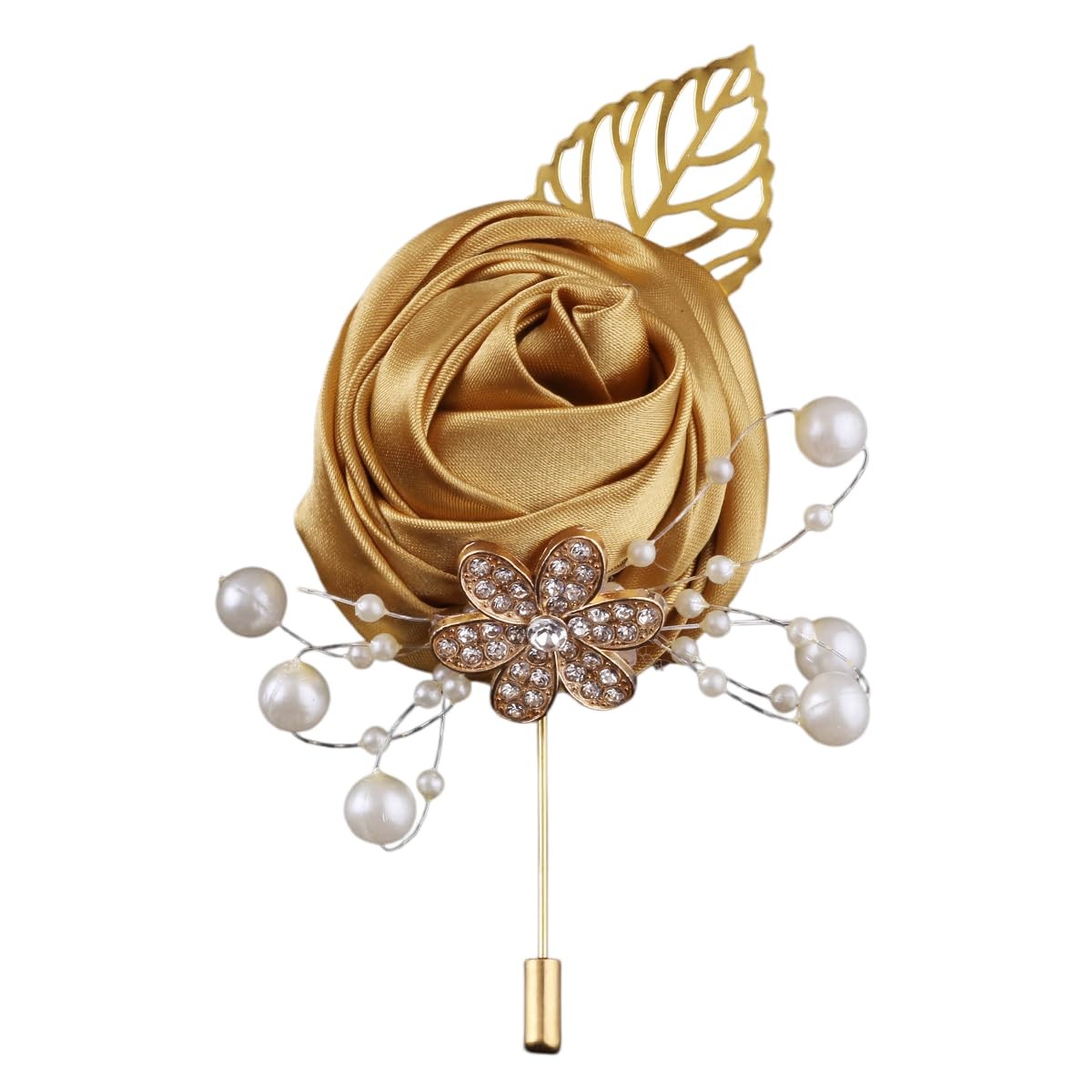 Satin Wedding Rose Boutonniere Men Groomsmen Artificial Corsage Prom Party Gold