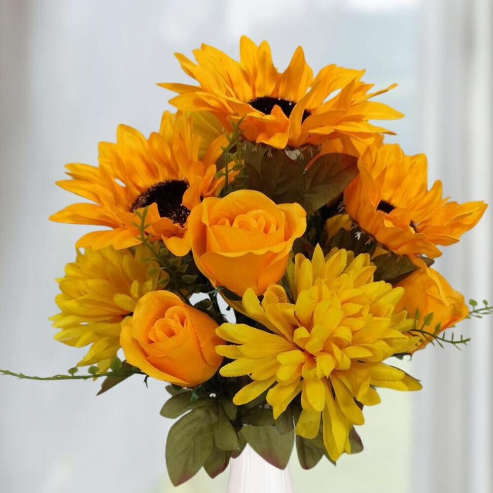 16″ Yellow Gold Artificial Mixed Mum, Sunflower & Rose Floral Bush