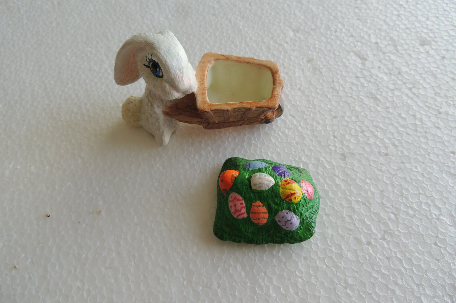 Ceramic Bunny w/Wagon Full Easter Eggs, handmade 4 inch long in ceramic class