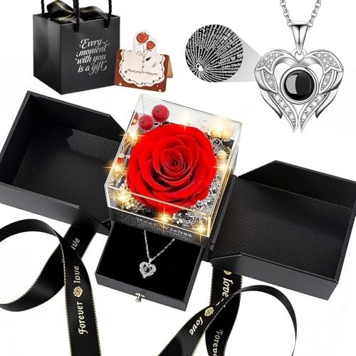 Real Red Rose Gift Box with Heart Necklace – ‘I Love You’ in 100 Languages, Perf