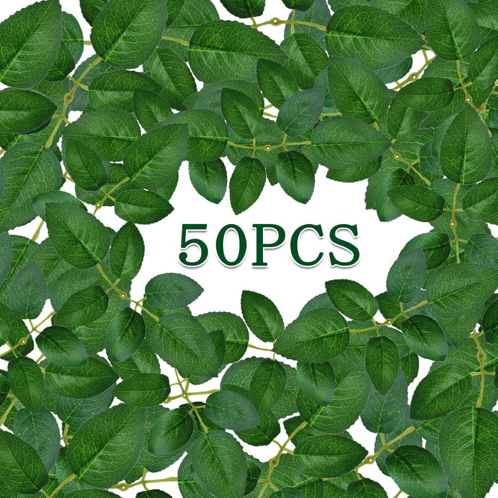 50 pcs Artificial Green Leaves Bulk Silk Greenery Fake Rose Flower Leaves for…