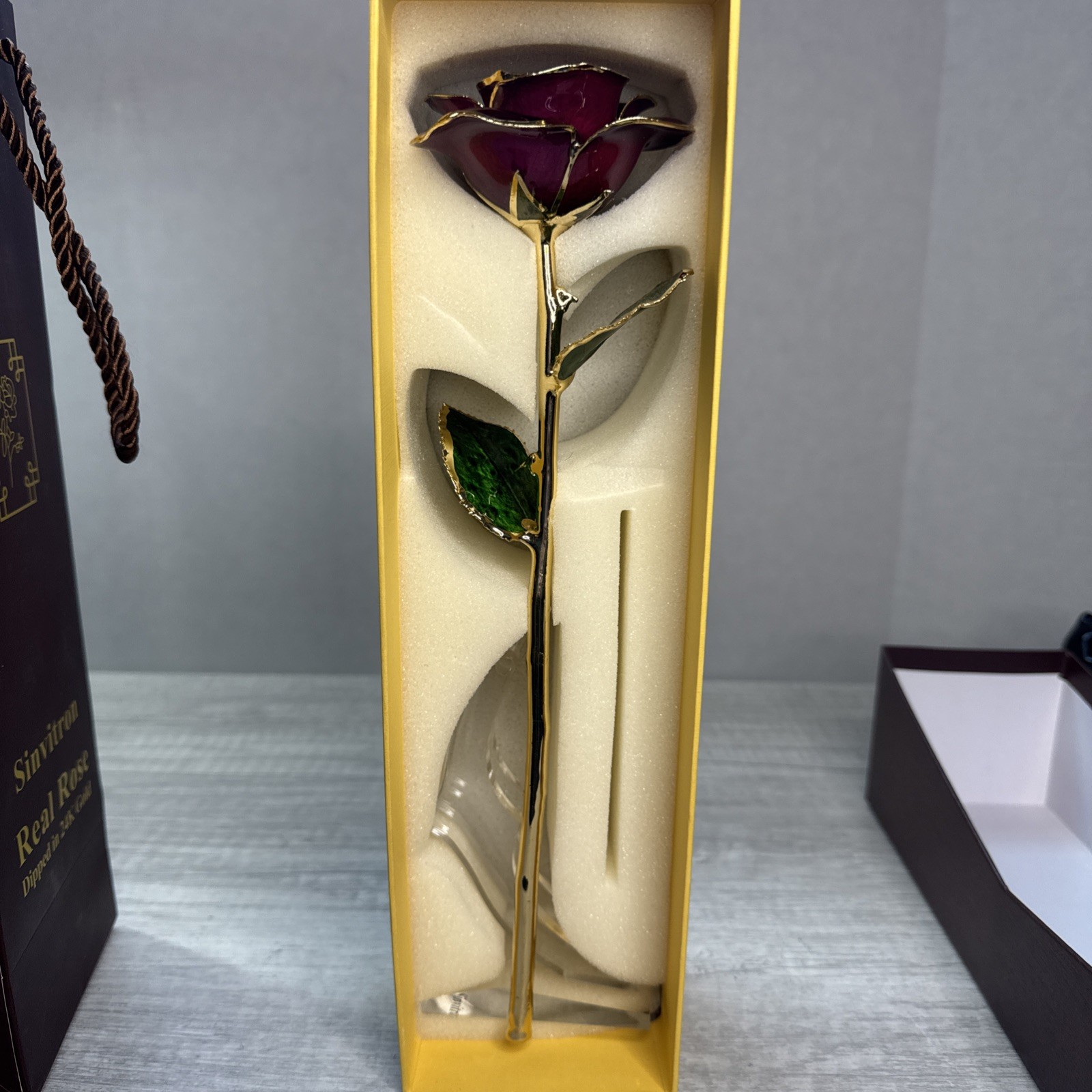 Beautiful Red Jewlers 24Kt Gold Dipped Real Rose Dark Pink/ Purple Box Bag Sta