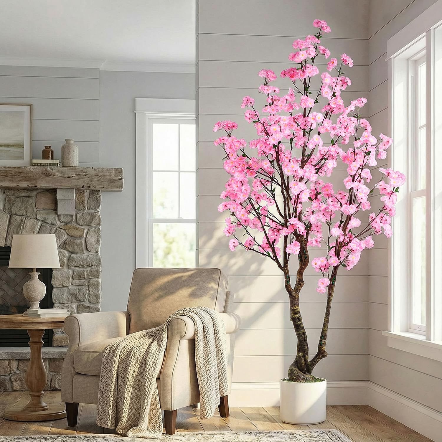 Artificial Cherry Blossom Tree, 7FT Tall Artificial Tree with White Pot, Pink…