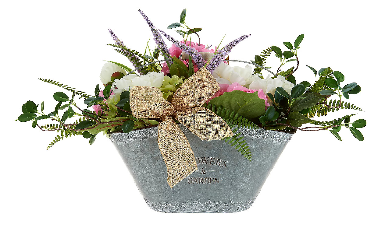 18″H x 23″L x 10″W Peony, Hydrangea, and Lavender Arrangement in metal pail NEW