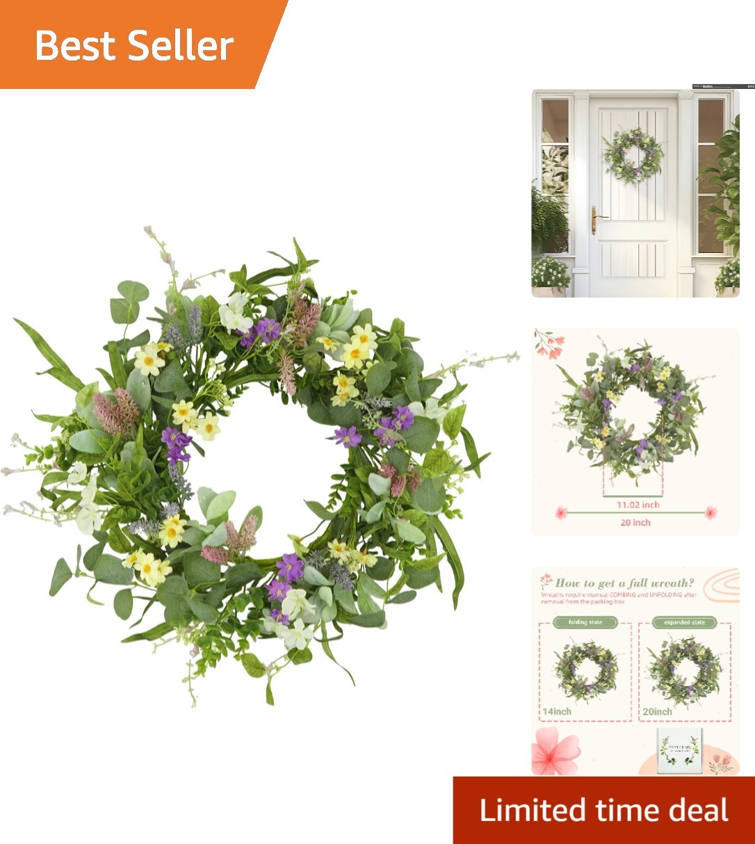 20-Inch Handcrafted Spring Summer Wreath with Eucalyptus & Multi-Colored Flowers