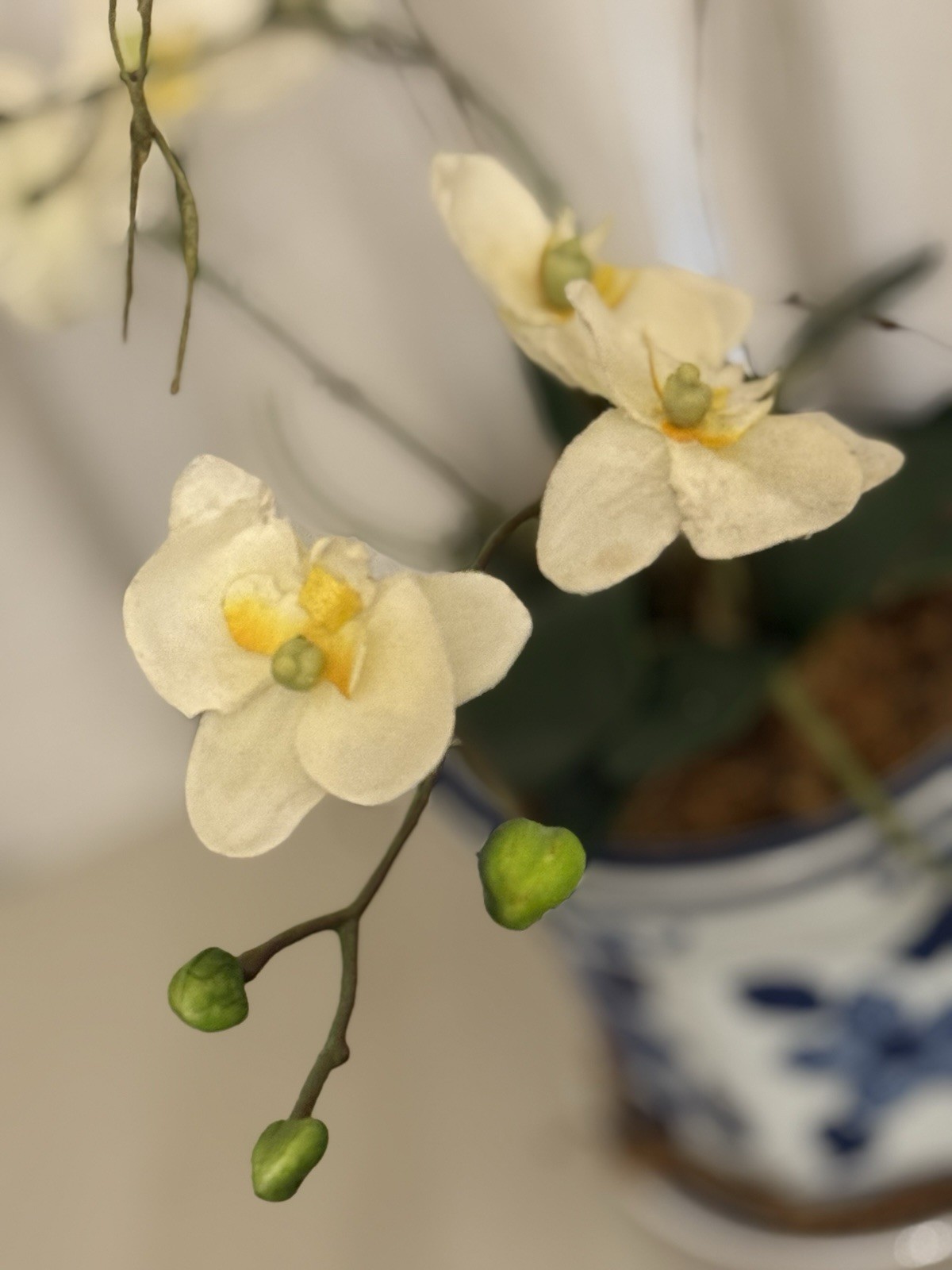16″ Faux White Orchid Artificial Floral Arrangement Blue White Chinoiserie Pot