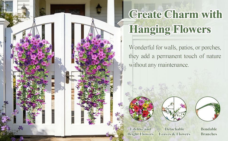 4 Pcs Artificial Hanging Flowers for Outdoors, Purple Mixed | Fake silk daisy
