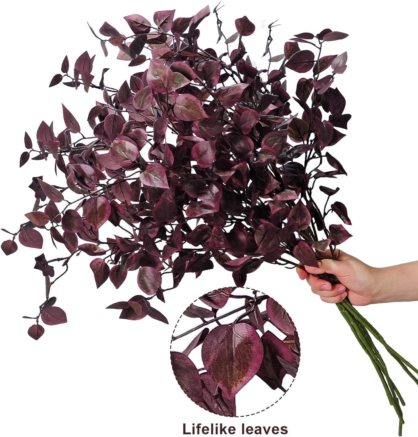 6PCS Burgundy Eucalyptus Stems – Lifelike Faux Fall Flowers for Home Decor