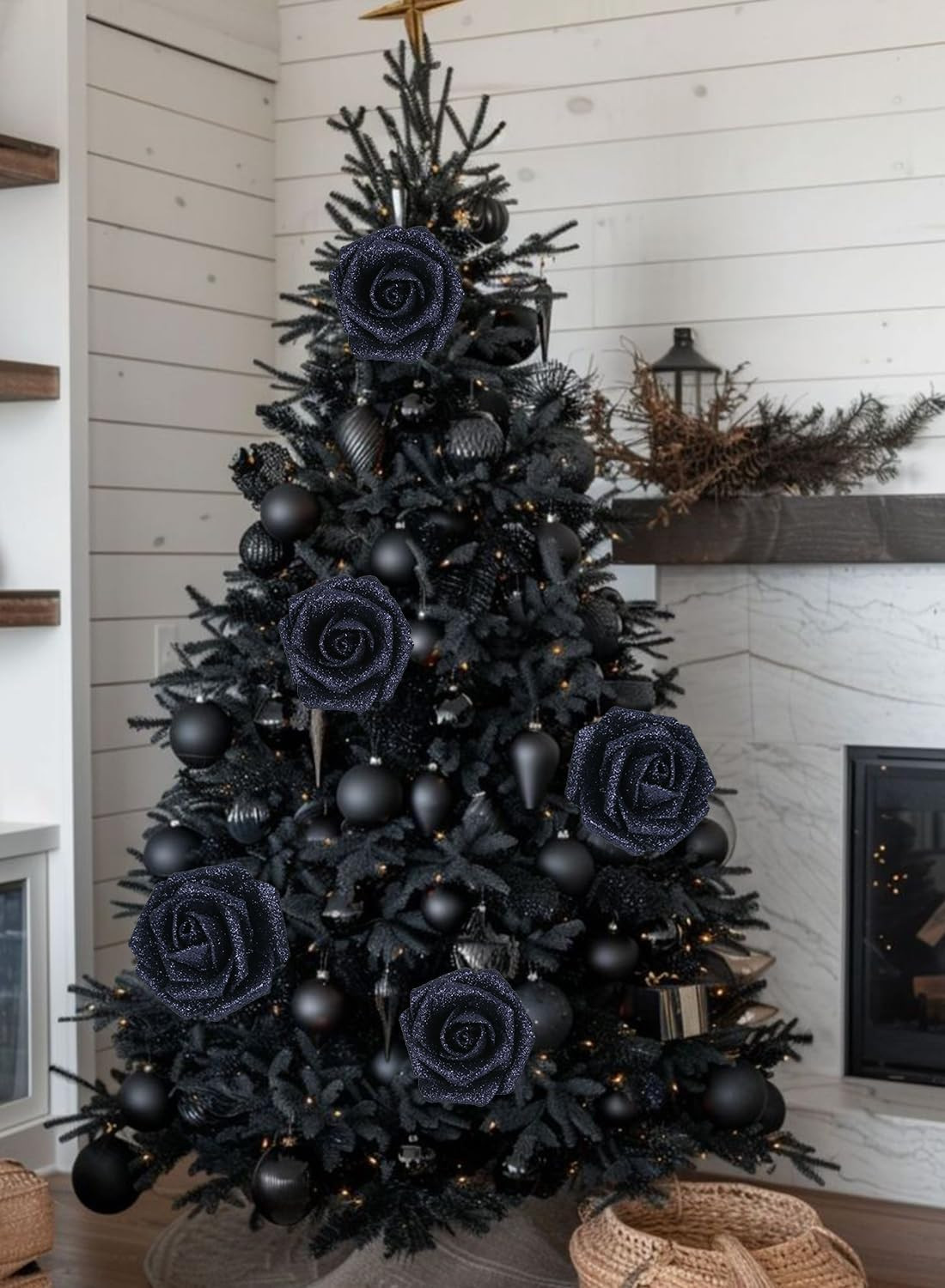 Glitter Roses 30Pcs 2.56″ Artificial Grey Black Roses with Stems for Baby Shower