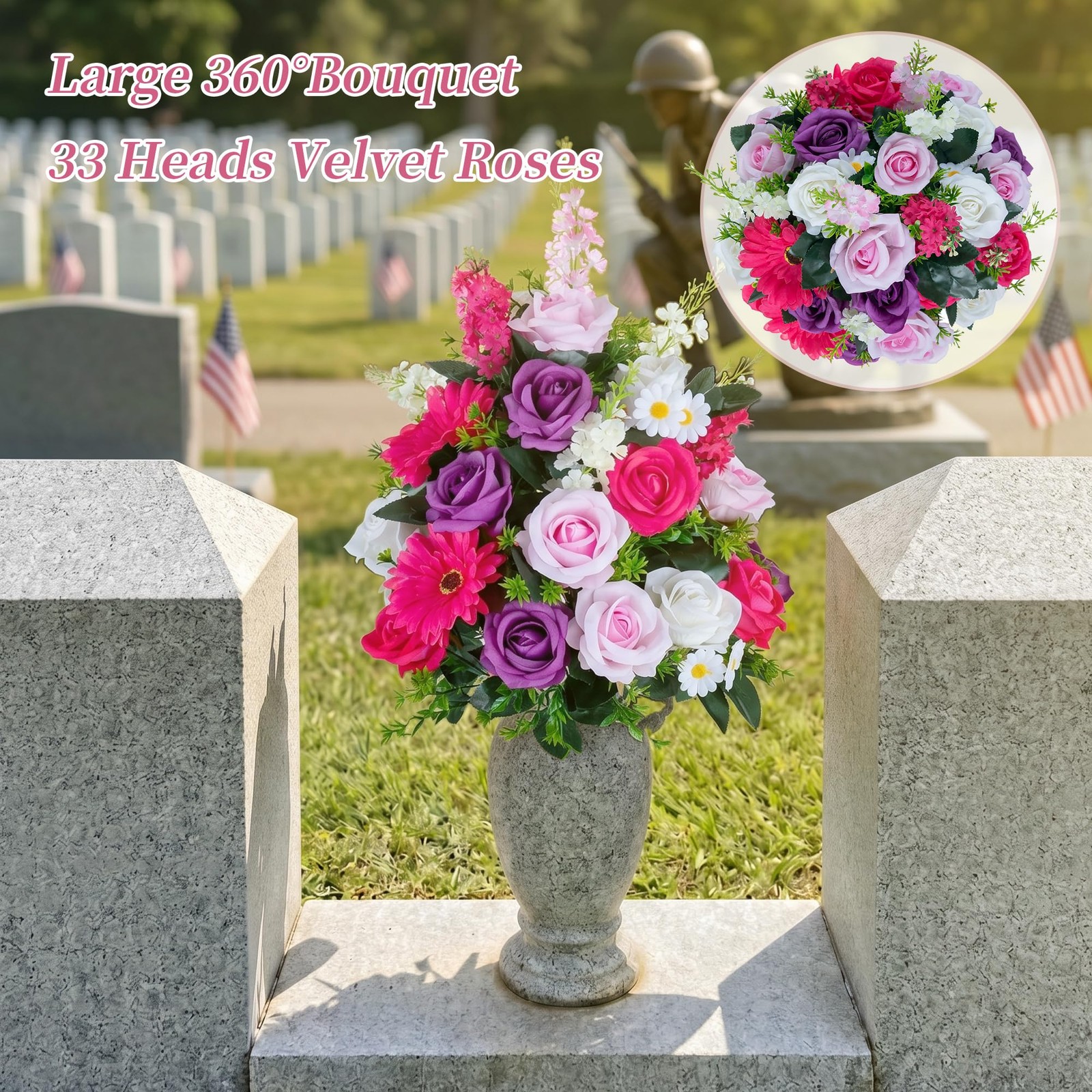 Cemetery Flowers for Grave Fake: Large 33 Heads Velvet Roses Memorial Day Flo…