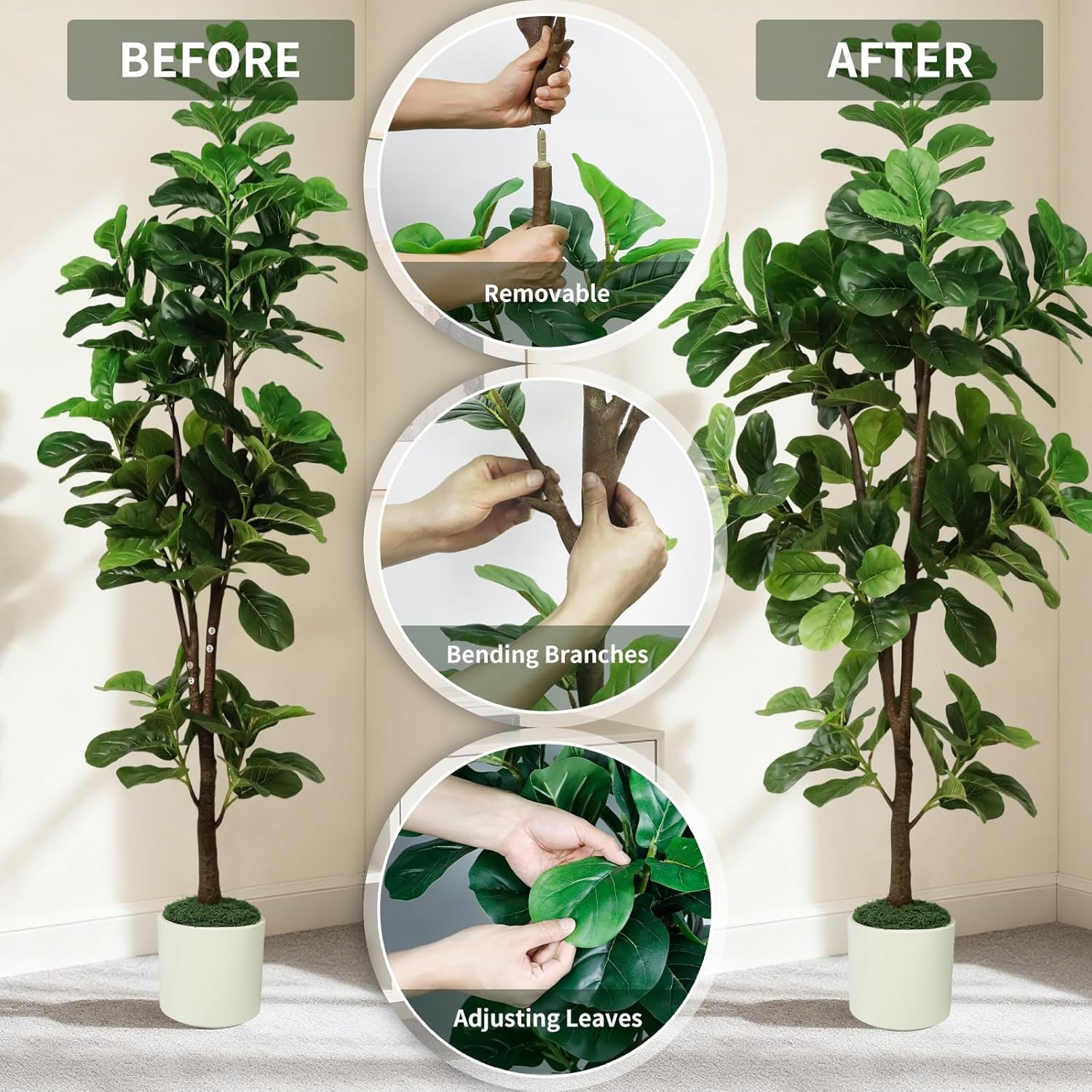 7FT Artificial Fiddle Leaf Fig Tree with White Planter & Fake Moss Realistic