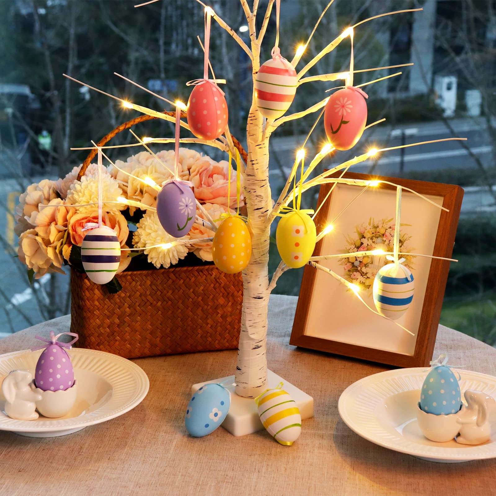 23.2″ Lighted Birch Tree with 12pcs Colored Egg Tree Ornaments, Easter Table Dec