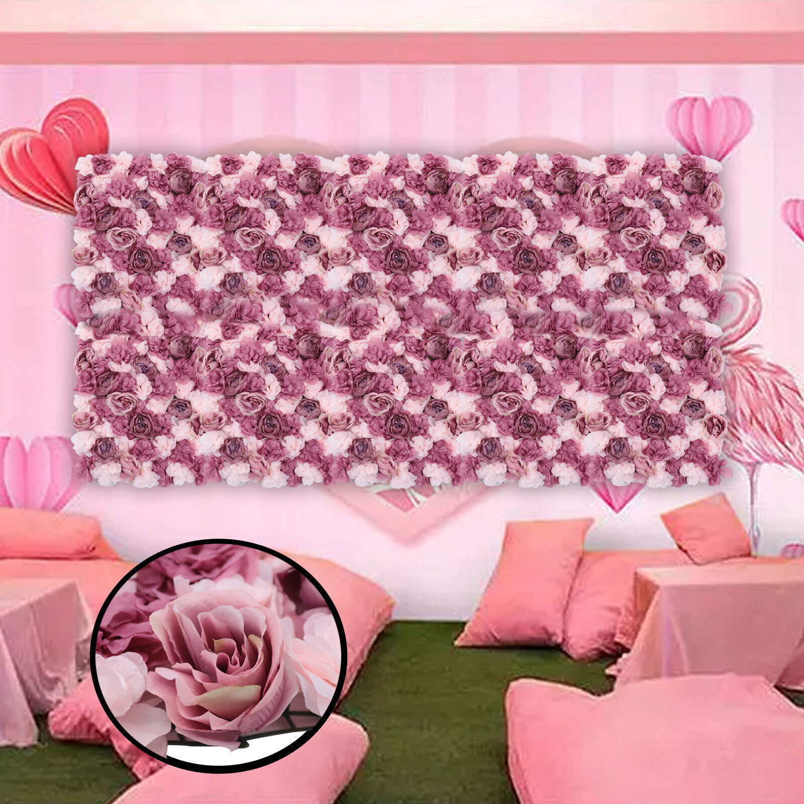 6Pcs 24*16in Artificial Flower Wall Panels Pink Mauve Silk Rose Backdrop Decor