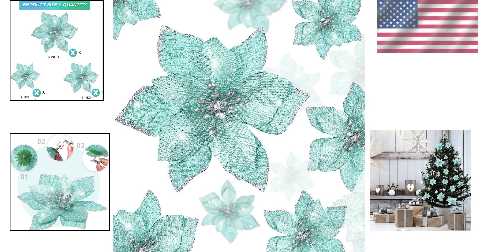 Deluxe 24 Pcs Blue & Green Glitter Poinsettias – Perfect for Christmas Wreaths