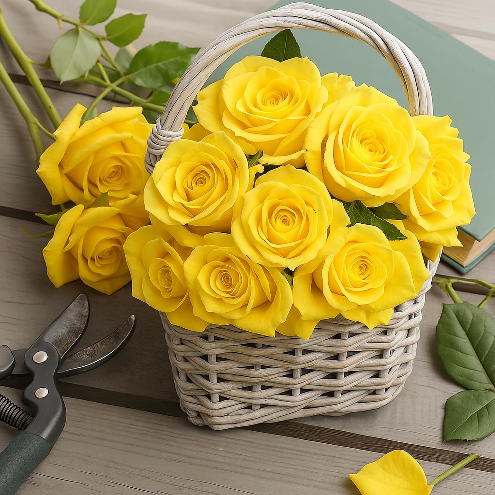 Yellow Roses Artificial Flowers 15 PCS, Fake Roses Silk Flowers with Long Ste…